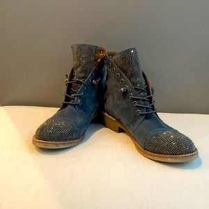 Sparkle studded blue suede, slip on booties.